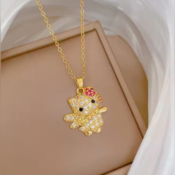18K Gold Hello Kitty W/ Angel Wings & Flower Bow Pave Diamond Inlay Necklace - Picture 4 of 7